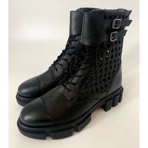Free People Boots Asher Ankle Black Leather Weaved Side Combat Moto 38 / 7.5 NEW
